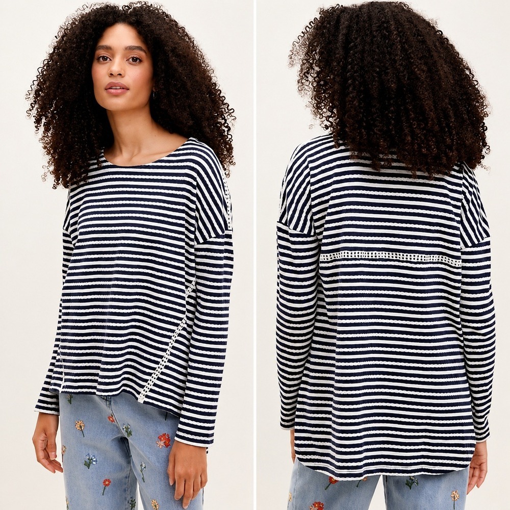 Anthropologie NEW Kirei Carole Textured Eyelet Stripe Pullover Top SZ 10 Coastal